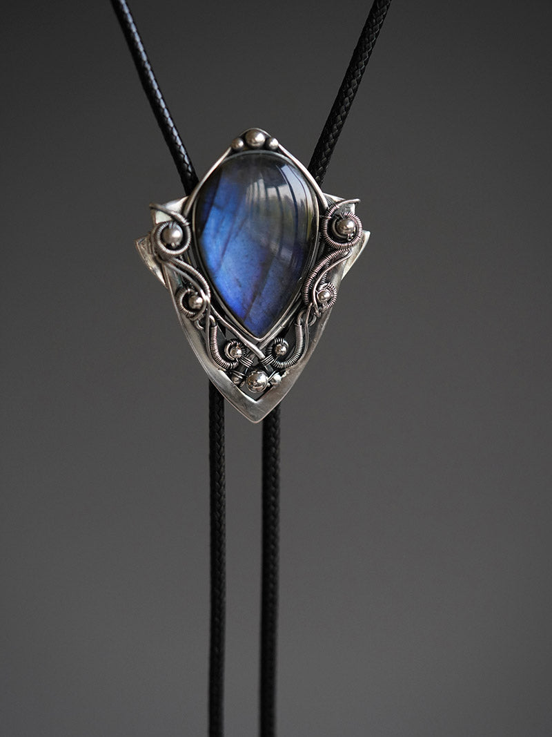 Artical Heart The Nebula Shield: S999 Silver Wire Wrapping with nature Labradorite bolo tie