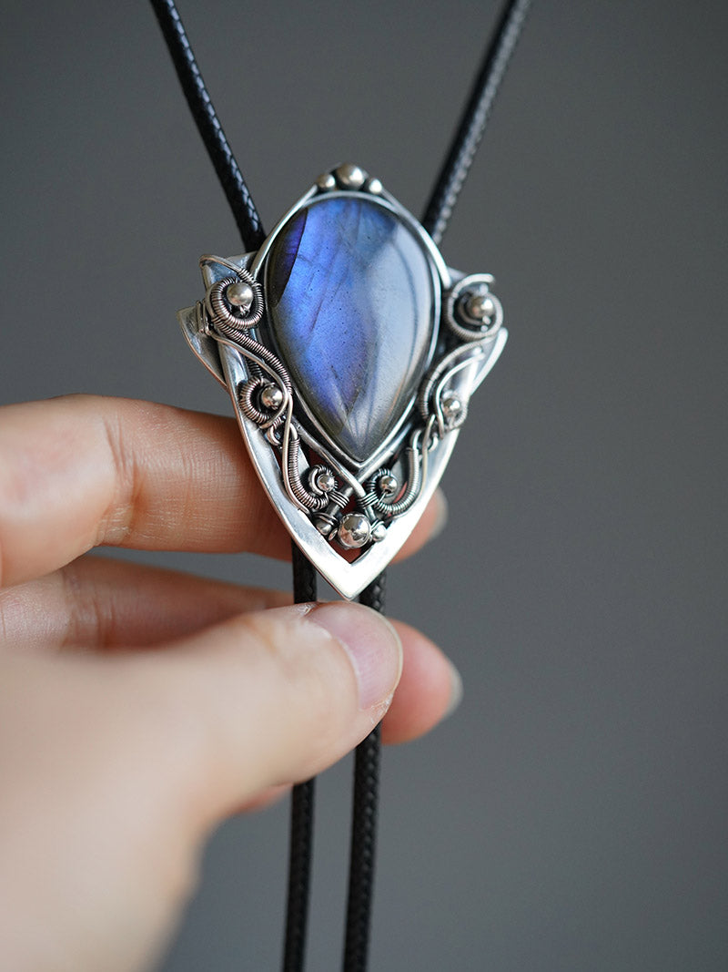 Artical Heart The Nebula Shield: S999 Silver Wire Wrapping with nature Labradorite bolo tie