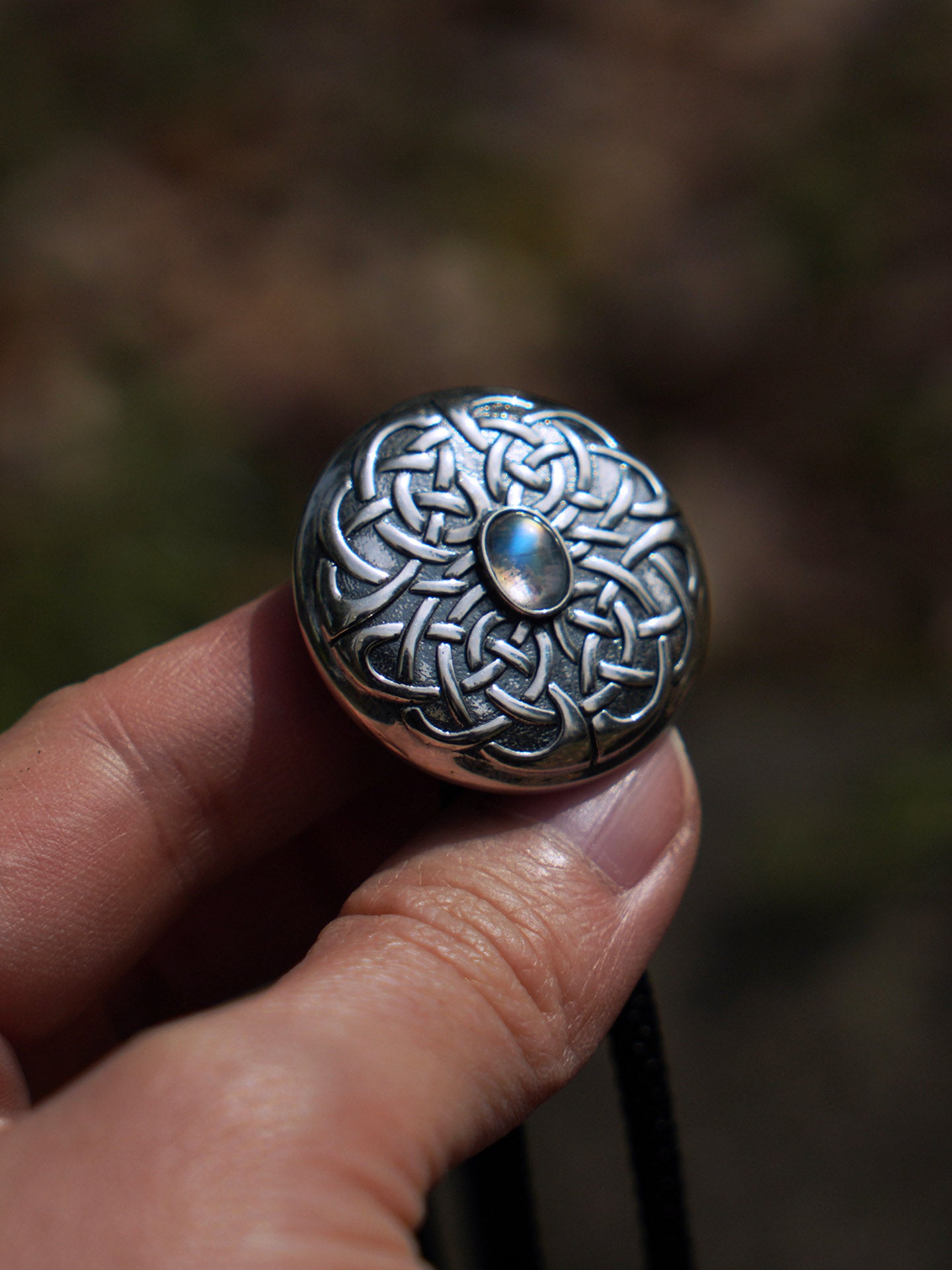 The Mystic Node: Fine Silver Moonstone Bolo Tie, Celtic Knot Design
