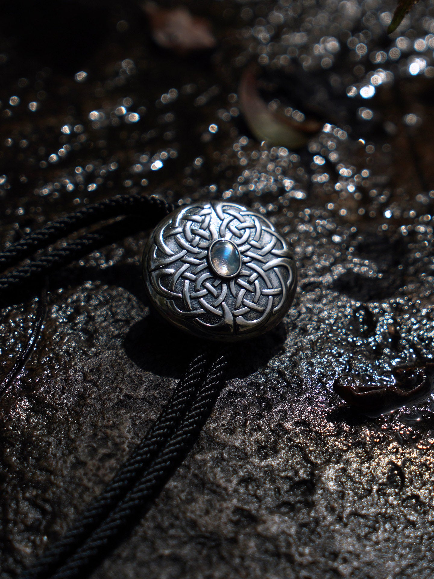 The Mystic Node: Fine Silver Moonstone Bolo Tie, Celtic Knot Design