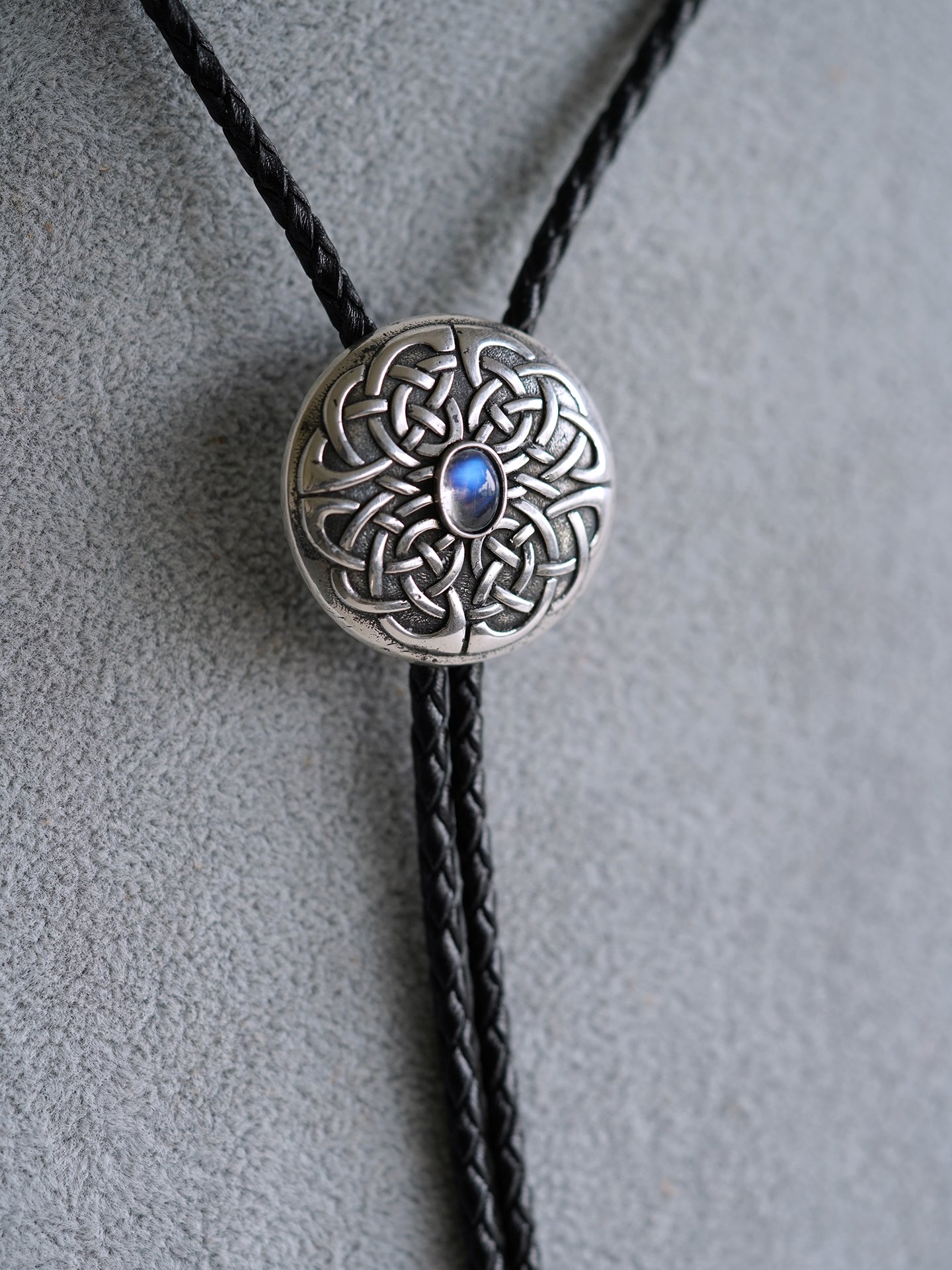 The Mystic Node: Fine Silver Moonstone Bolo Tie, Celtic Knot Design