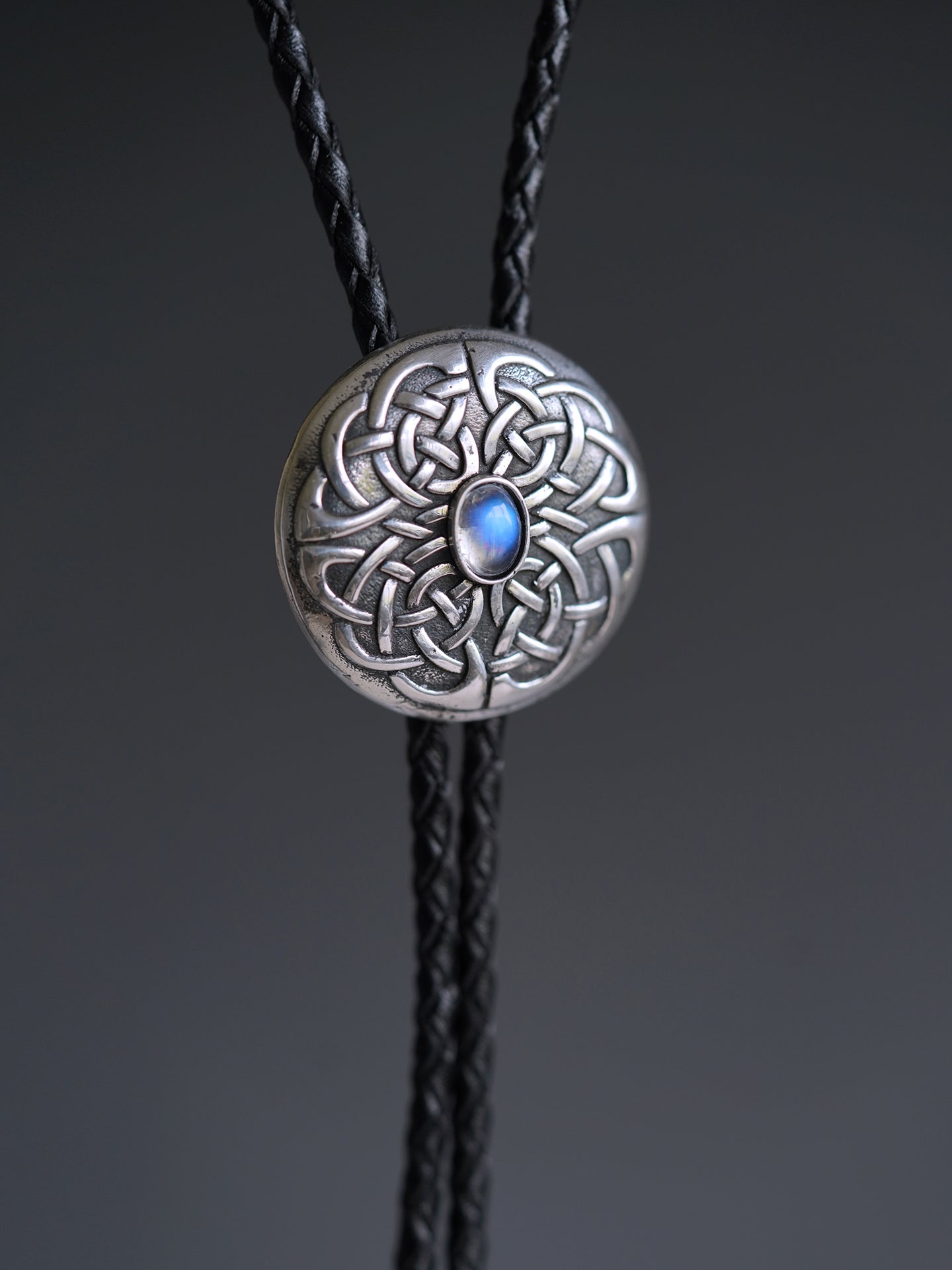 The Mystic Node: Fine Silver Moonstone Bolo Tie, Celtic Knot Design