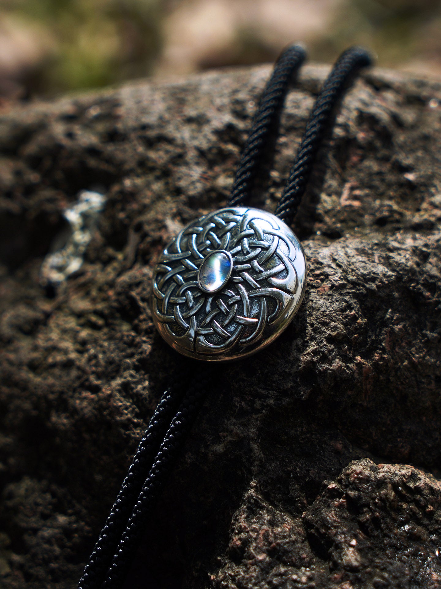The Mystic Node: Fine Silver Moonstone Bolo Tie, Celtic Knot Design