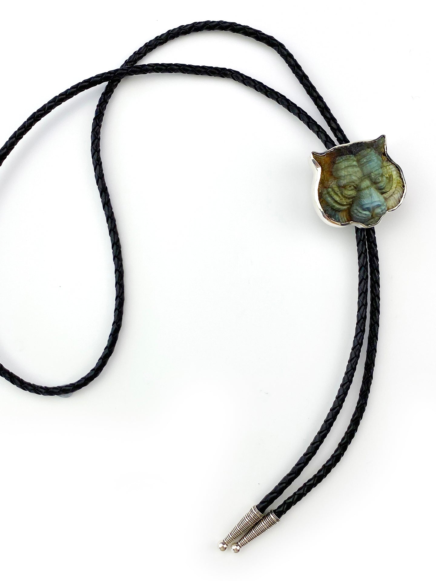 The Spectral Tiger · Hand-Carved Natural Labradorite & 925 Silver Bolo Tie