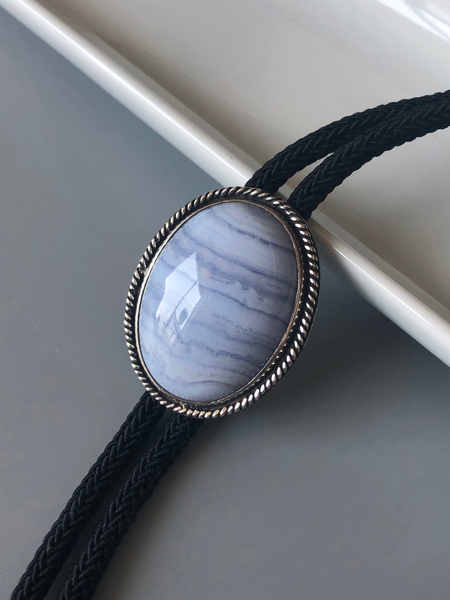 The Cerulean Tide · Natural Blue Lace Agate & 925 Silver Bolo Tie