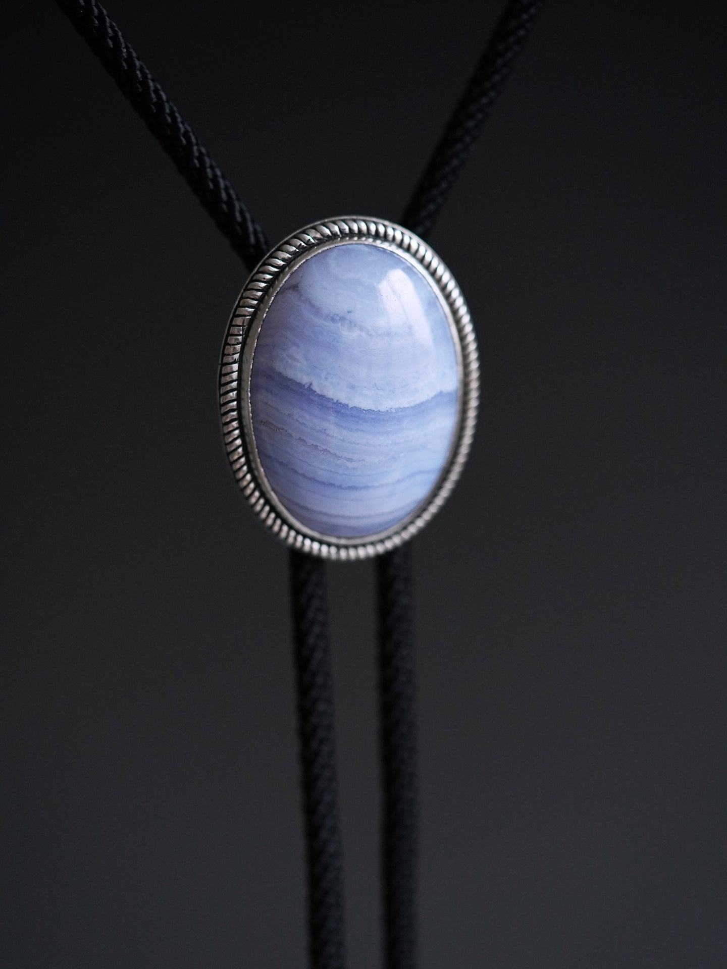 The Cerulean Tide · Natural Blue Lace Agate & 925 Silver Bolo Tie