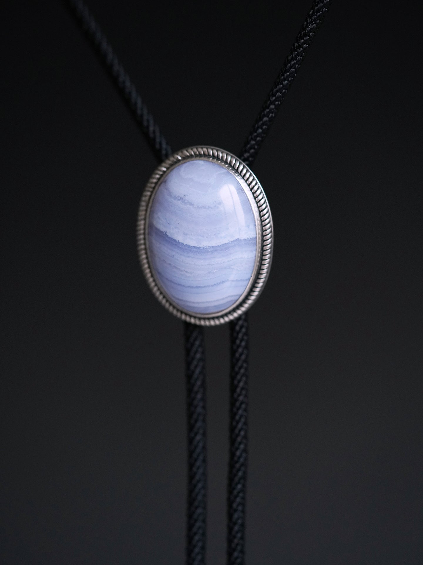 The Cerulean Tide · Natural Blue Lace Agate & 925 Silver Bolo Tie