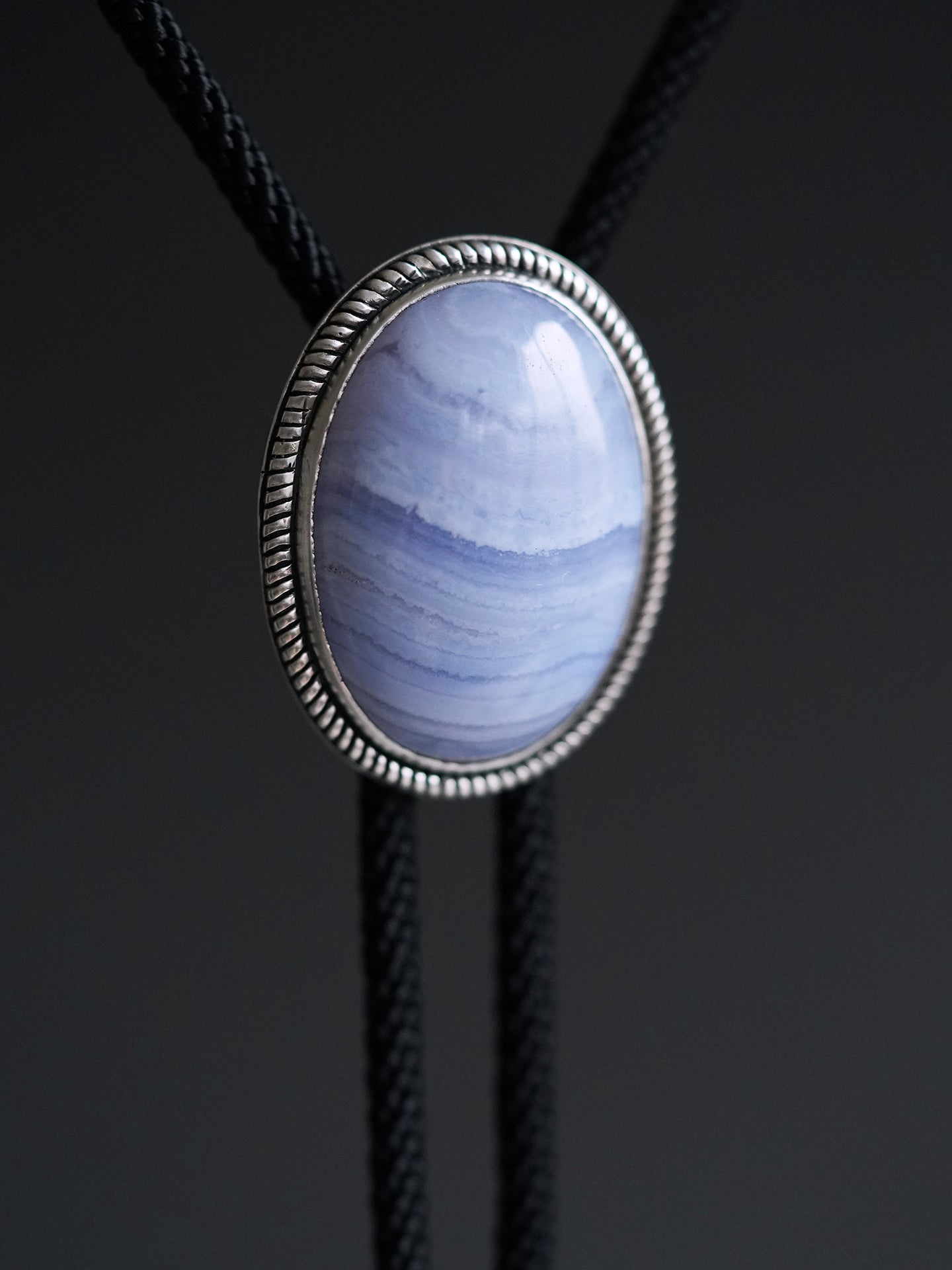 The Cerulean Tide · Natural Blue Lace Agate & 925 Silver Bolo Tie