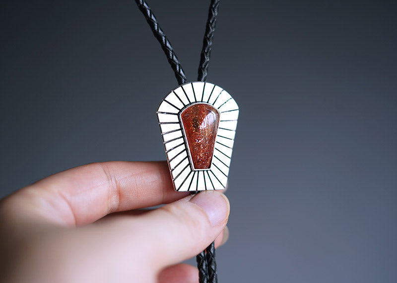 "The Sovereign Rays" Sterling Silver Natural Sunstone Bolo Tie