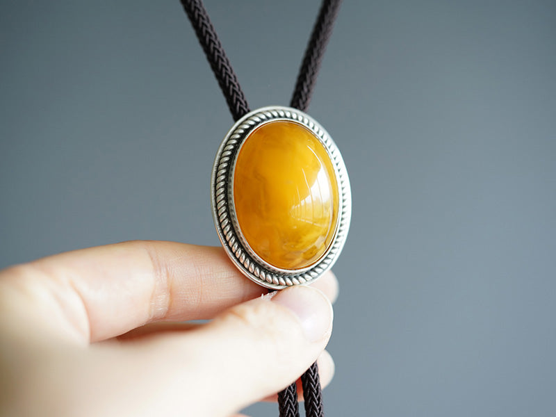 Poetry of Time" — Handcrafted S999 Fine Silver Natural Amber Bolo Tie