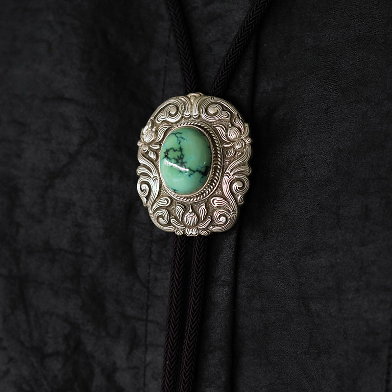 Hand-Chased S999 Fine Silver Bolo Tie - The Sacred Lotus & Imperial Turquoise