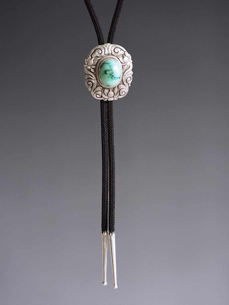 Hand-Chased S999 Fine Silver Bolo Tie - The Sacred Lotus & Imperial Turquoise