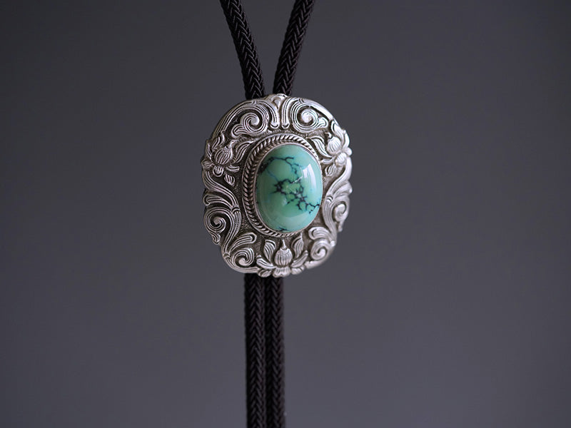 Hand-Chased S999 Fine Silver Bolo Tie - The Sacred Lotus & Imperial Turquoise