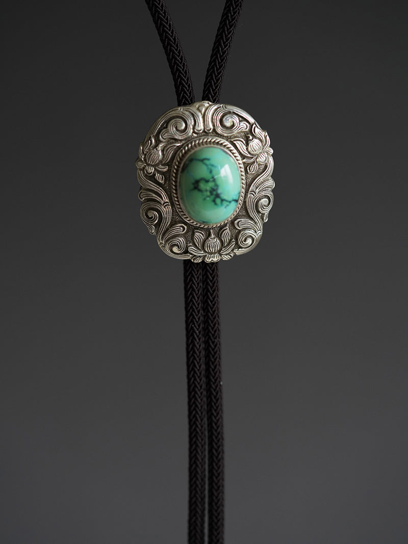 Hand-Chased S999 Fine Silver Bolo Tie - The Sacred Lotus & Imperial Turquoise