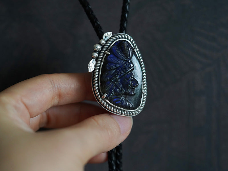 The Indian Chief: Hand-Carved Labradorite Silver Bolo Tie (Unique Piece)
