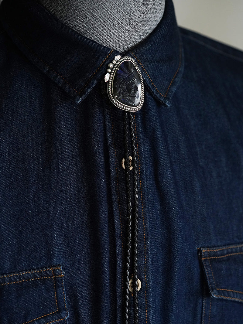 The Indian Chief: Hand-Carved Labradorite Silver Bolo Tie (Unique Piece)