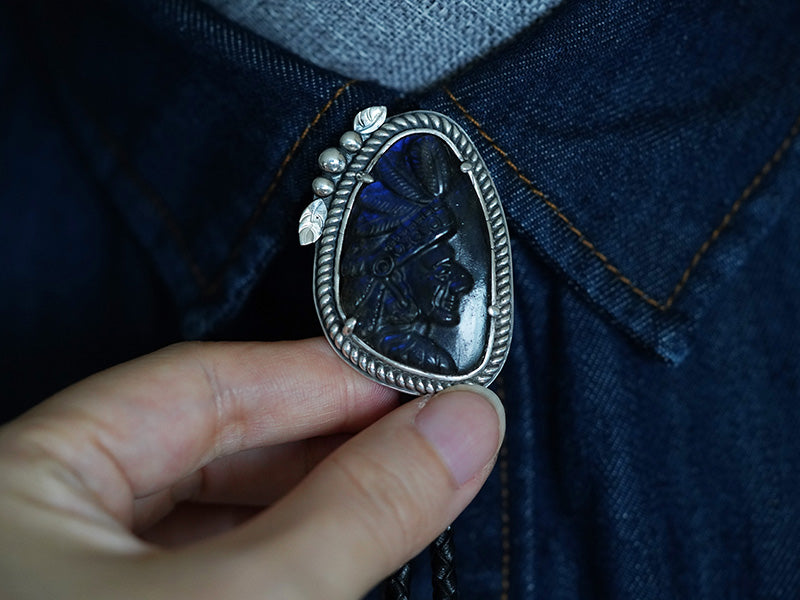 The Indian Chief: Hand-Carved Labradorite Silver Bolo Tie (Unique Piece)