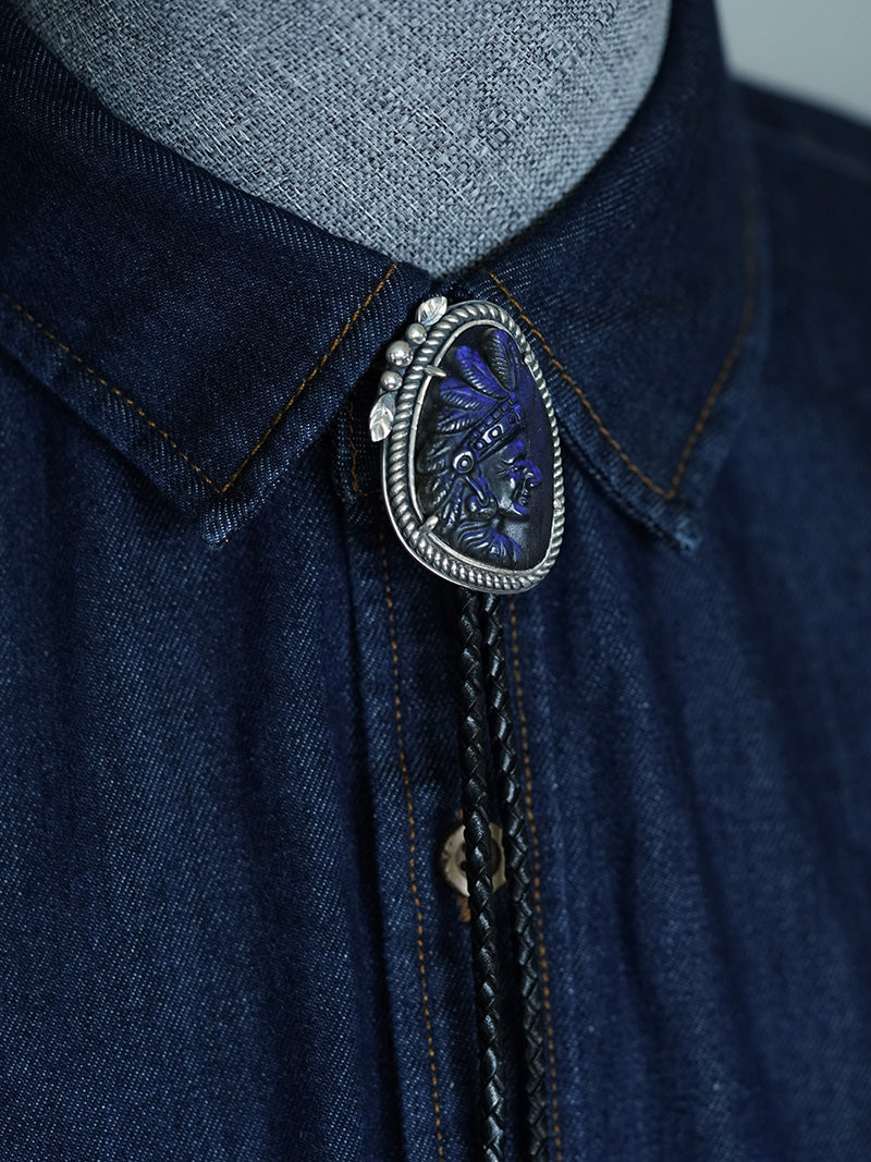 The Indian Chief: Hand-Carved Labradorite Silver Bolo Tie (Unique Piece)