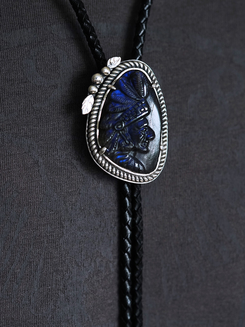 The Indian Chief: Hand-Carved Labradorite Silver Bolo Tie (Unique Piece)
