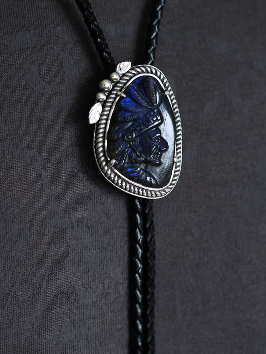 The Indian Chief: Hand-Carved Labradorite Silver Bolo Tie (Unique Piece)