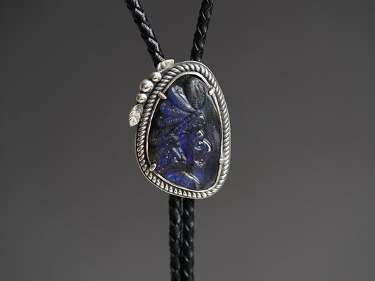 The Indian Chief: Hand-Carved Labradorite Silver Bolo Tie (Unique Piece)