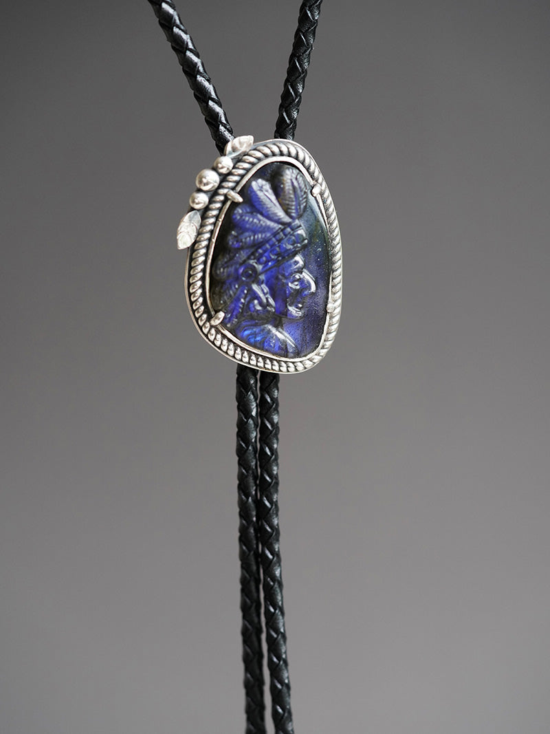 The Indian Chief: Hand-Carved Labradorite Silver Bolo Tie (Unique Piece)