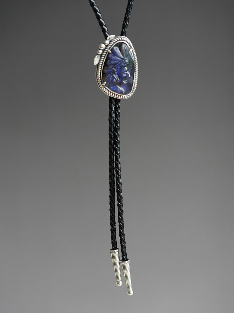 The Indian Chief: Hand-Carved Labradorite Silver Bolo Tie (Unique Piece)