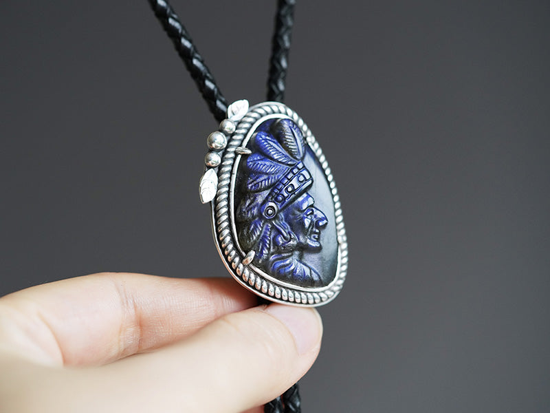 The Indian Chief: Hand-Carved Labradorite Silver Bolo Tie (Unique Piece)
