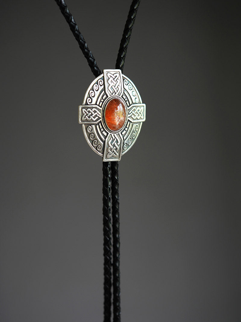 The Solis Cross：S999 Silver Celtic Knot with Sunstone Bolo Tie