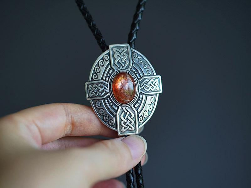 The Solis Cross：S999 Silver Celtic Knot with Sunstone Bolo Tie