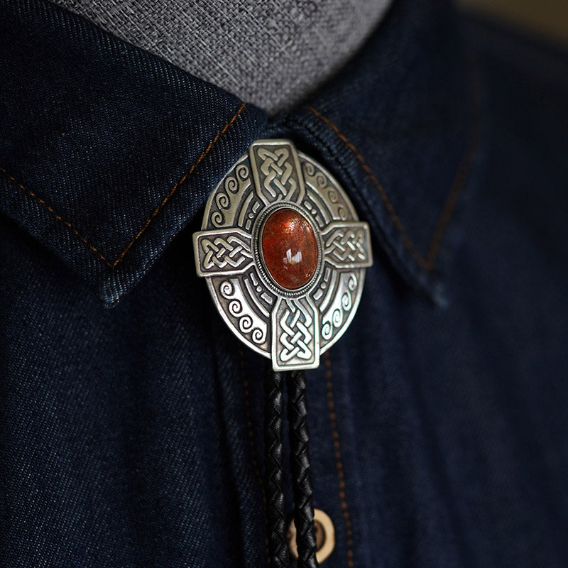 The Solis Cross：S999 Silver Celtic Knot with Sunstone Bolo Tie