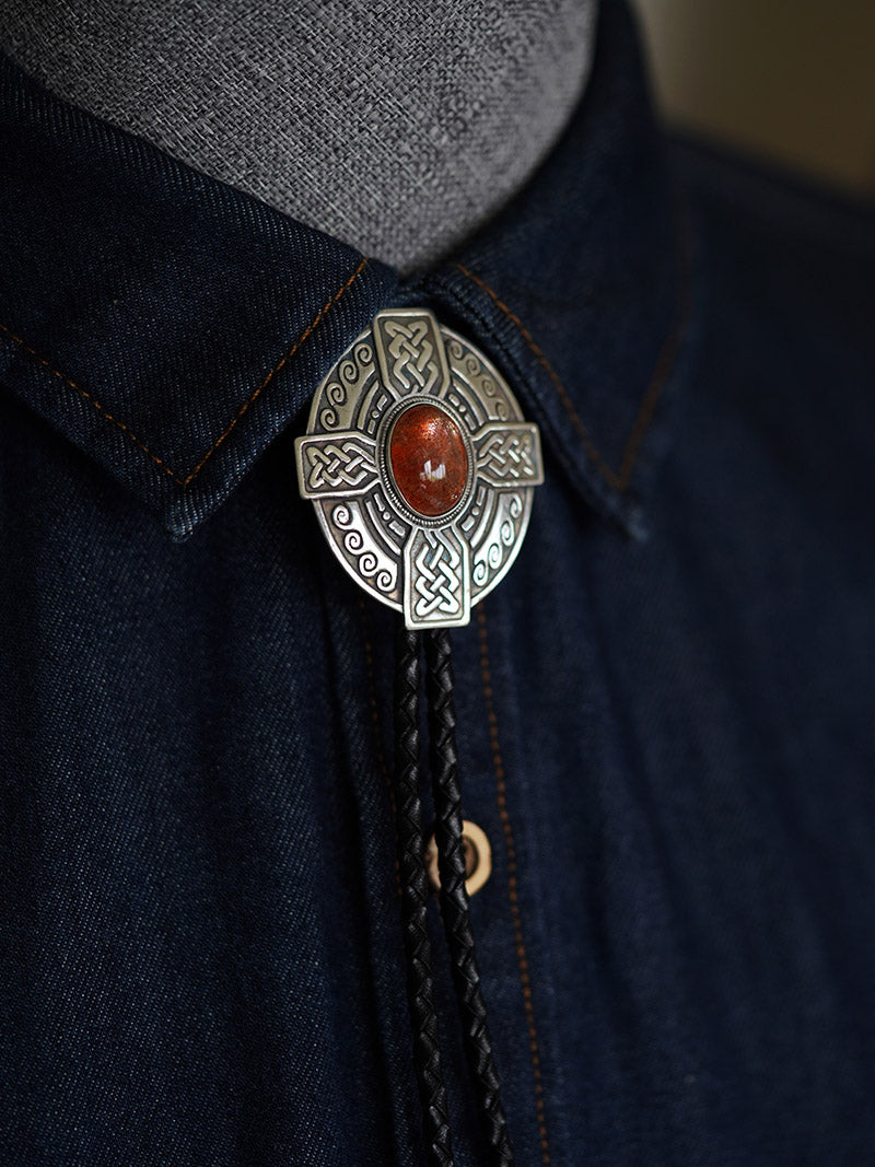 The Solis Cross：S999 Silver Celtic Knot with Sunstone Bolo Tie