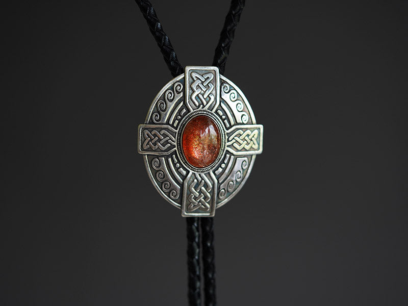 The Solis Cross：S999 Silver Celtic Knot with Sunstone Bolo Tie