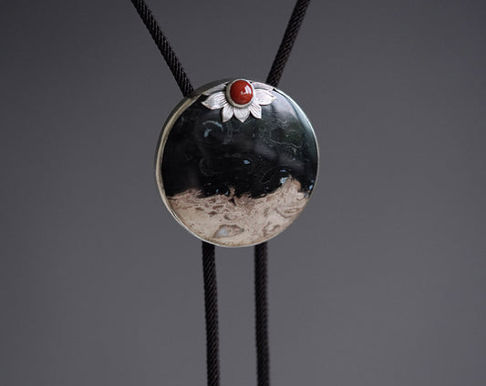 Artical Heart “The Solitary Sun” Handcrafted Silver & Palm Root Fossils Bolo Tie