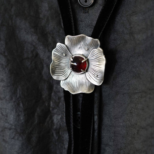 Artical Heart "Poppy-Resilience & Rebirth" Silver with Garnet Stone Bolo Tie