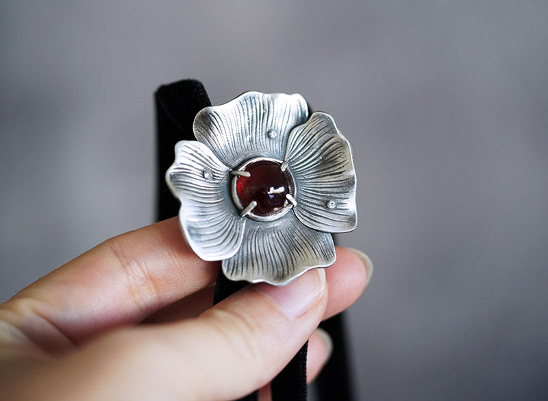 "Poppy-Resilience & Rebirth" Silver with Garnet Stone Bolo Tie