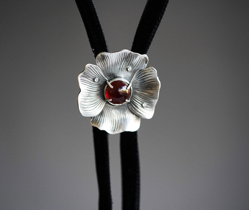 "Poppy-Resilience & Rebirth" Silver with Garnet Stone Bolo Tie