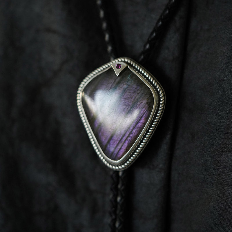 “Shield of the Lodestar” Purple Labradorite & Fine Silver Bolo Tie