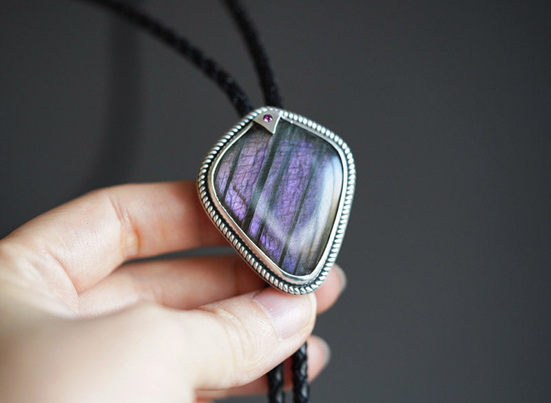 “Shield of the Lodestar” Purple Labradorite & Fine Silver Bolo Tie