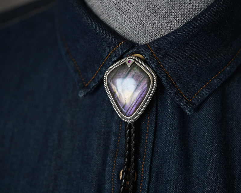 “Shield of the Lodestar” Purple Labradorite & Fine Silver Bolo Tie