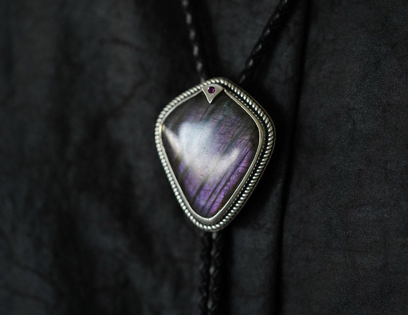 “Shield of the Lodestar” Purple Labradorite & Fine Silver Bolo Tie