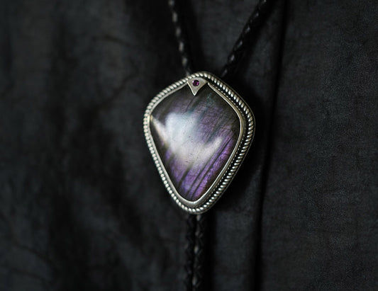 Artical Heart “Shield of the Lodestar” Purple Labradorite & Fine Silver Bolo Tie