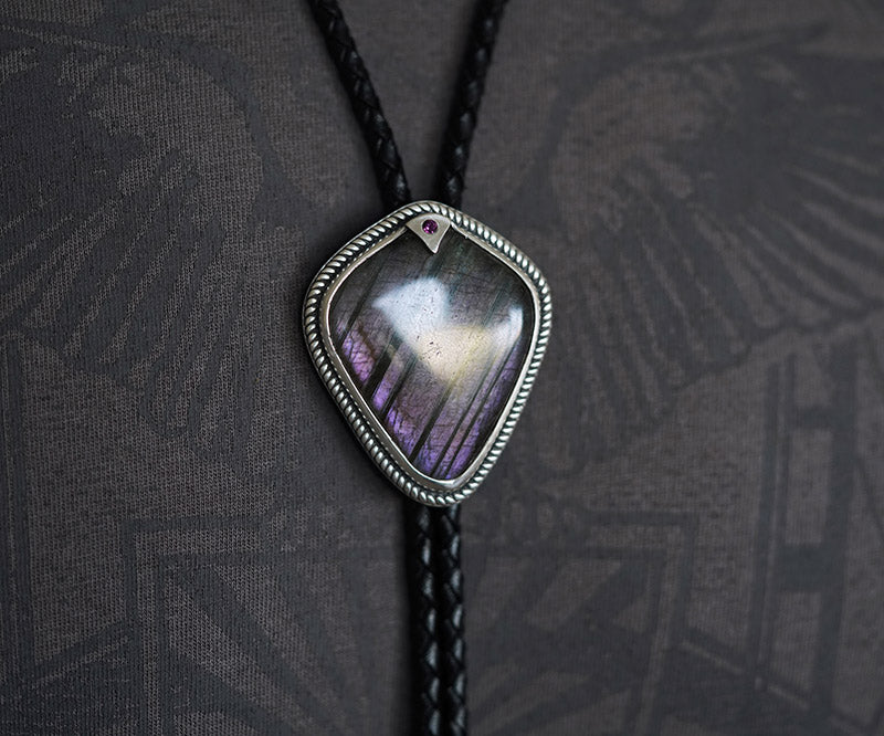 “Shield of the Lodestar” Purple Labradorite & Fine Silver Bolo Tie