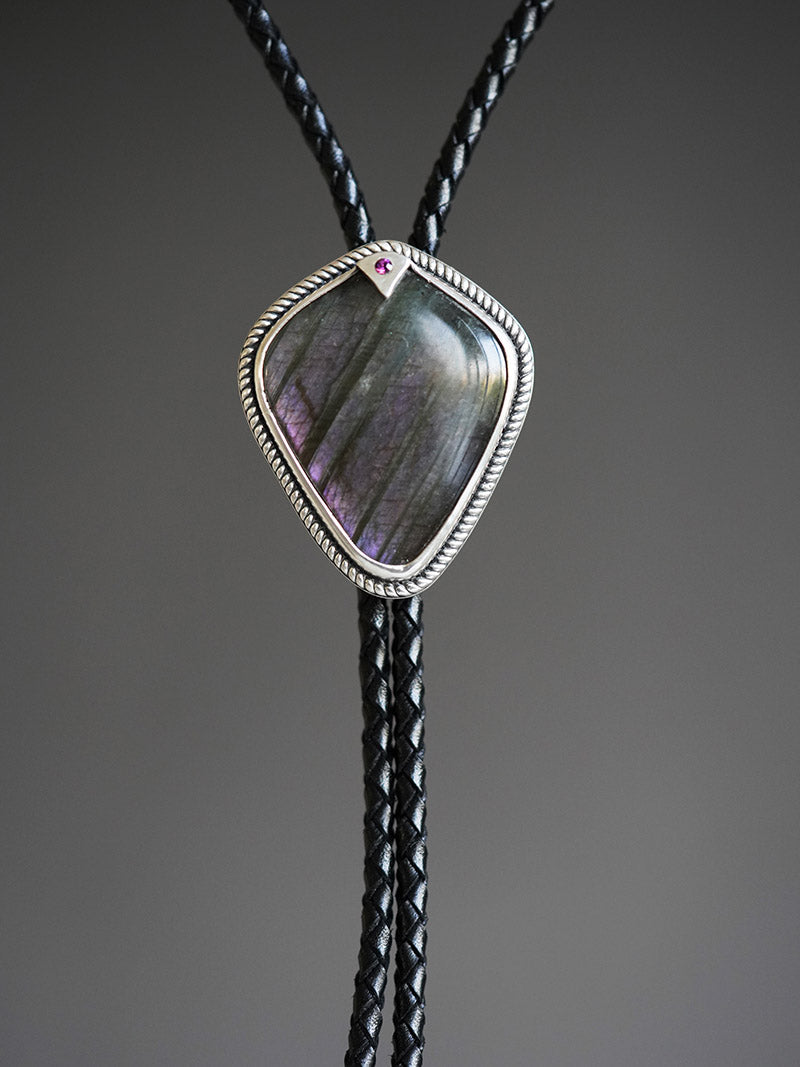 “Shield of the Lodestar” Purple Labradorite & Fine Silver Bolo Tie