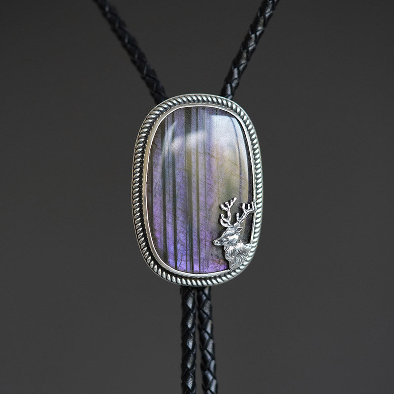 “The Forest’s Secret” Natural Labradorite and Fine Silver Stag Bolo Tie