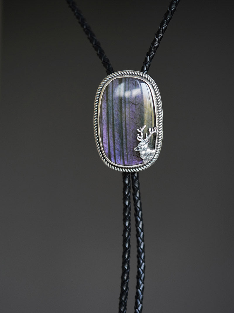 “The Forest’s Secret” Natural Labradorite and Fine Silver Stag Bolo Tie