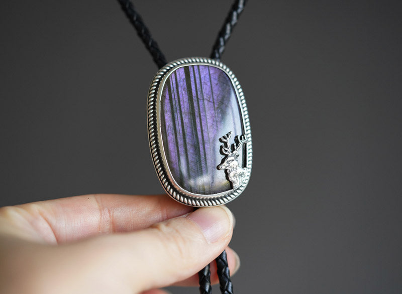 “The Forest’s Secret” Natural Labradorite and Fine Silver Stag Bolo Tie