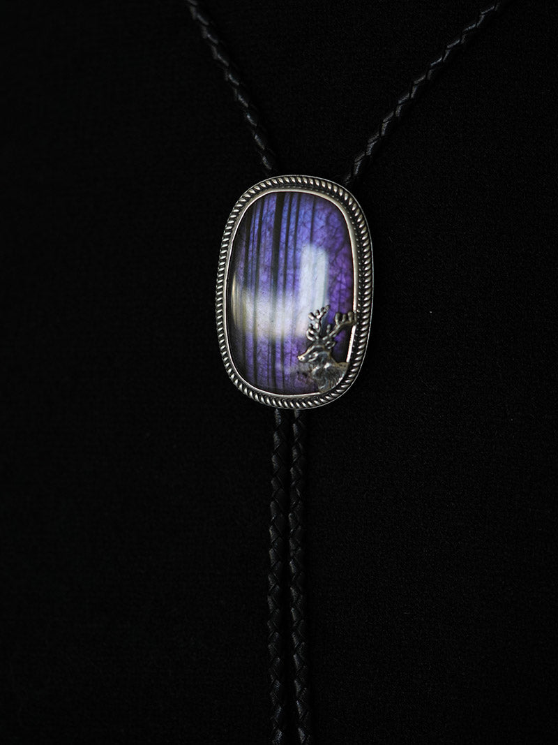 “The Forest’s Secret” Natural Labradorite and Fine Silver Stag Bolo Tie