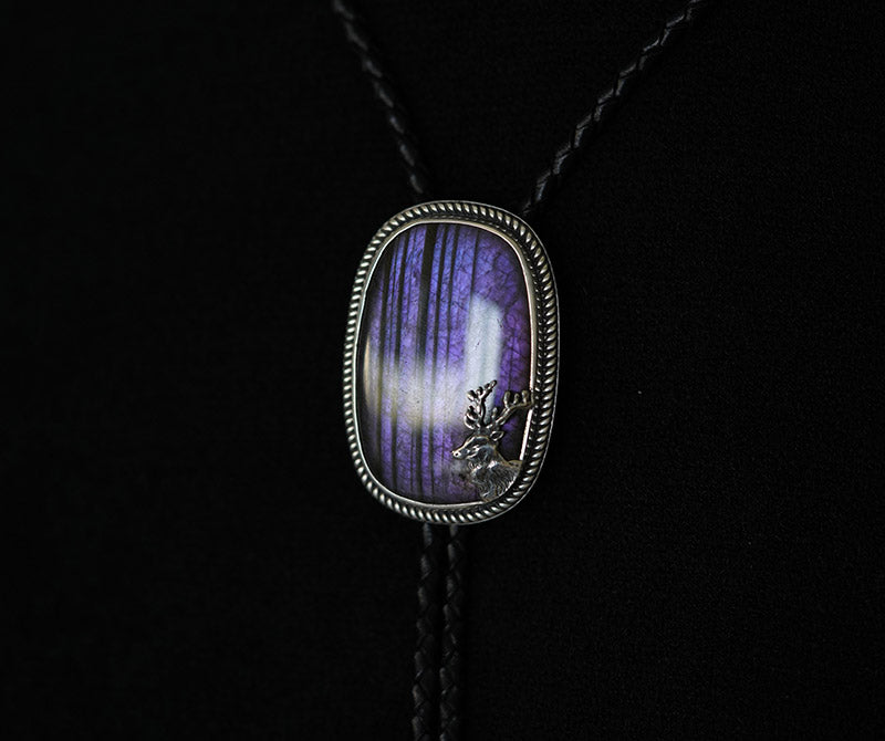 “The Forest’s Secret” Natural Labradorite and Fine Silver Stag Bolo Tie
