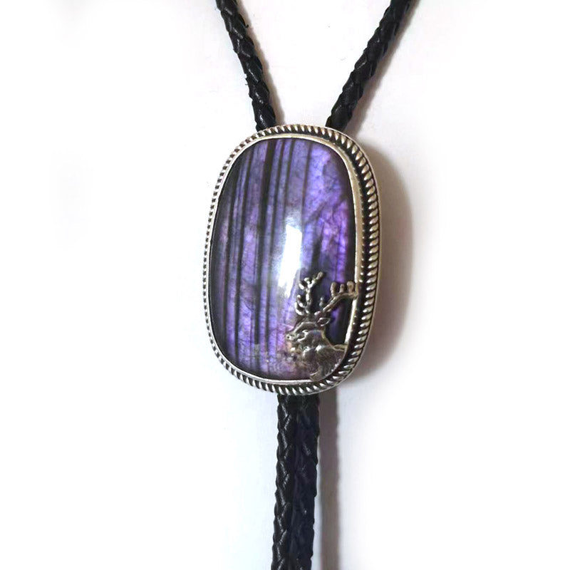 “The Forest’s Secret” Natural Labradorite and Fine Silver Stag Bolo Tie